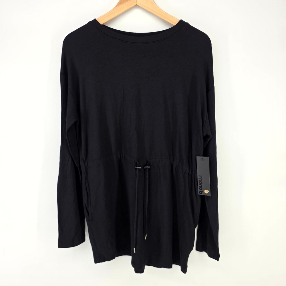 Mono B Drawstring Waist Top Womens L Black Long Sleeve Crew Neck Athleisure NEW